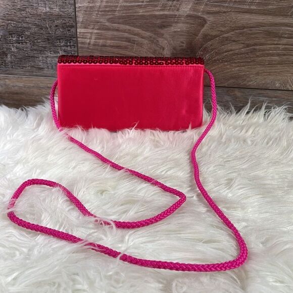 Jessica Mcclintock Satin Sequined Reddish Pink Shoulder Evening Bag Purse - Picture 3 of 7